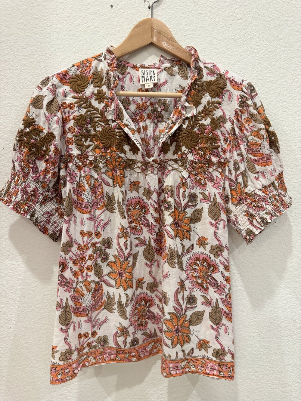 Sister Mary Camilla Top M White Block Print Gold Embroidered Cotton Peasant